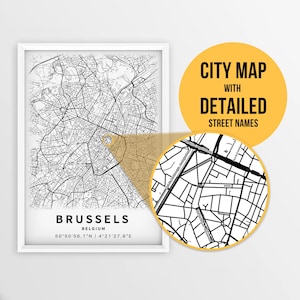 Mapa para impressão de Bruxelas, Bélgica com nomes de ruas - download instantâneo \ Mapa da cidade \ Presente de viagem \ Cartaz da cidade \ Impressão de mapa de estradas \ Arte de parede