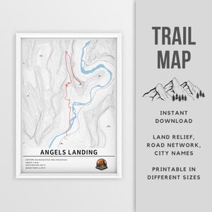 Afdrukbare kaart van Angels Landing Trail, Utah (VS) - Instant Download \ Trailmap \ Wandelcadeau \ Outdoorposter \ Kaartafdruk \ Zion \ Wall Art