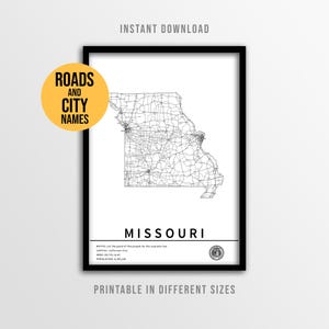 Mapa do Missouri em pôster, mapa rodoviário estadual dos EUA para imprimir com nomes de cidades (download instantâneo)