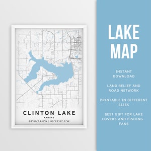 Mapa imprimible de Clinton Lake, Kansas, EE. UU. - Descarga instantánea \ Mapa del lago \ Cartel del mapa \ Decoración de la casa del lago \ LakeLife \ Pesca \ Paseos en bote