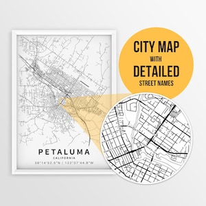 Printable Map of Petaluma, California, USA with Street Names - Instant Download \ City Map \ Travel Gift \ City Poster \ Road Map Print