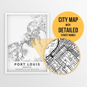 Druckbare Karte von Port Louis, Mauritius mit Straßennamen - Sofort Download \ City Map \ Travel Gift \ City Poster \ Road Map Print