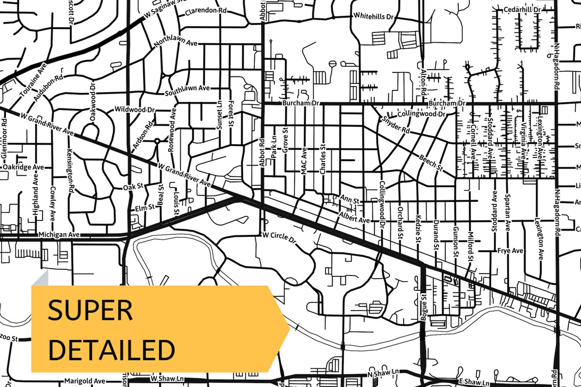 Printable Map of East Lansing MI With Street Names Michigan | Etsy
