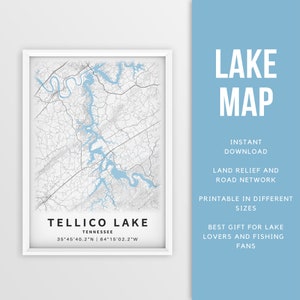 Mapa imprimible del lago Tellico, Tennessee, EE. UU. - Descarga instantánea \ Mapa del lago \ Cartel del mapa \ Decoración de la casa del lago \ LakeLife \ Pesca \ Paseos en bote