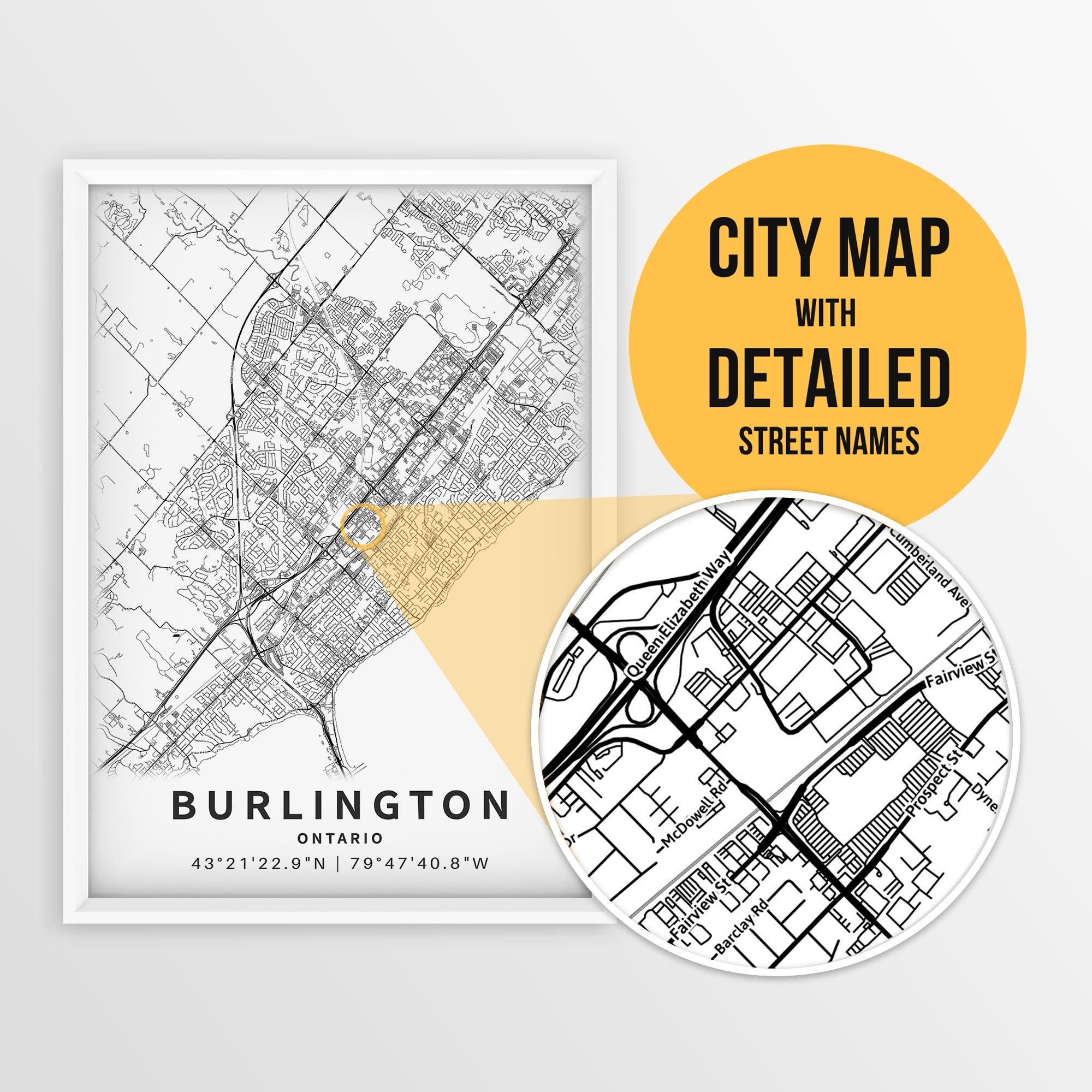 Printable Map of Burlington, Ontario, Canada with Street Names - Instant Download \ City Map \ Travel Gift \ City Poster \ Road Map Print