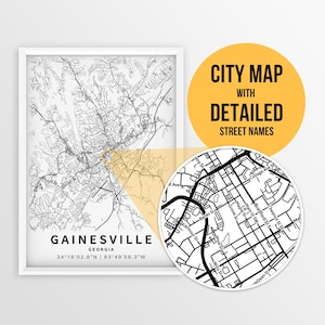 Druckbare Karte von Gainesville, Georgia, USA mit Straßennamen - sofortiger Download ~ Karte ~ ~ Karte ~ Strassenkarte ~ Stadtplan ~ Poster