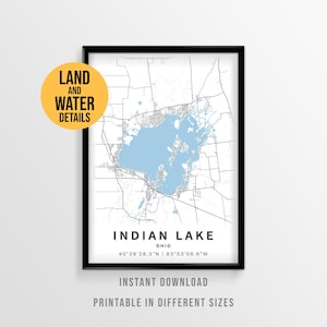 Póster del mapa del lago Indian, decoración imprimible para casa en el lago de Ohio (descarga instantánea)