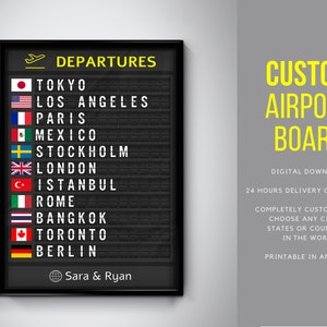 Tabellone partenze aeroporto personalizzato con bandiere nazionali - Download digitale \ Arte murale \ Stampe artistiche da viaggio