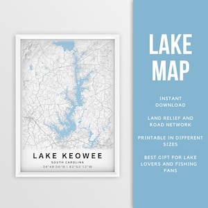 Mapa imprimible Lago Keowee, Carolina del Sur - Descarga instantánea \ Mapa del lago \ Arte de la pared \ Cartel de pesca \ Decoración de la casa del lago \ LakeLife \ Paseos en bote