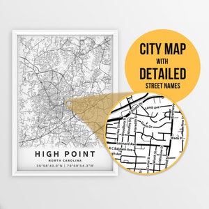 Printable Map of High Point, North Carolina, USA with Street Names - Instant Download \ City Map \ Travel Gift \ City Poster \ Road Map