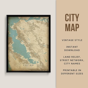 Vintage Stil Karte von East Bay, Kalifornien USA - Instant Download Landkarte Landkarte Landkarte Poster Landkarte Karte Poster Landkarte San Francisco