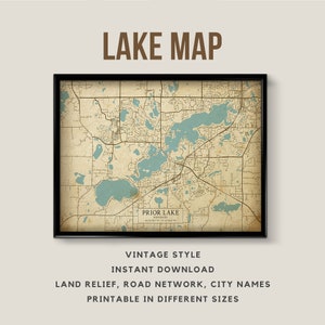 Mapa de estilo vintage imprimible de Prior Lake, Minnesota, EE. UU. con nombres de ciudades - Descarga instantánea \ Mapa del lago \ Rústico \ Estilo antiguo \ Póster del mapa