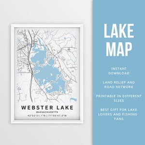 Mapa imprimible de Webster Lake, Massachusetts, EE. UU. - Descarga instantánea \ Mapa del lago \ Cartel del mapa \ Decoración de la casa del lago \ LakeLife \ Pesca \ Navegación