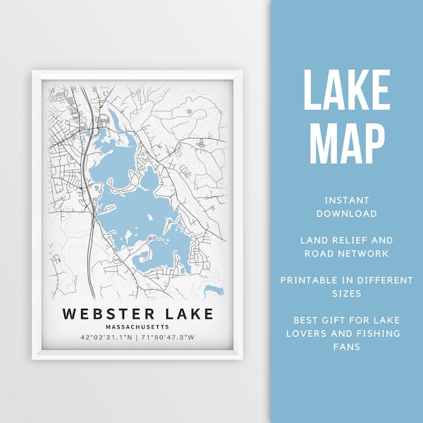 Printable Map of Webster Lake, Massachusetts, US - Instant Download \ Lake Map \ Map Poster \ Lake House Decor \ LakeLife \ Fishing \Boating