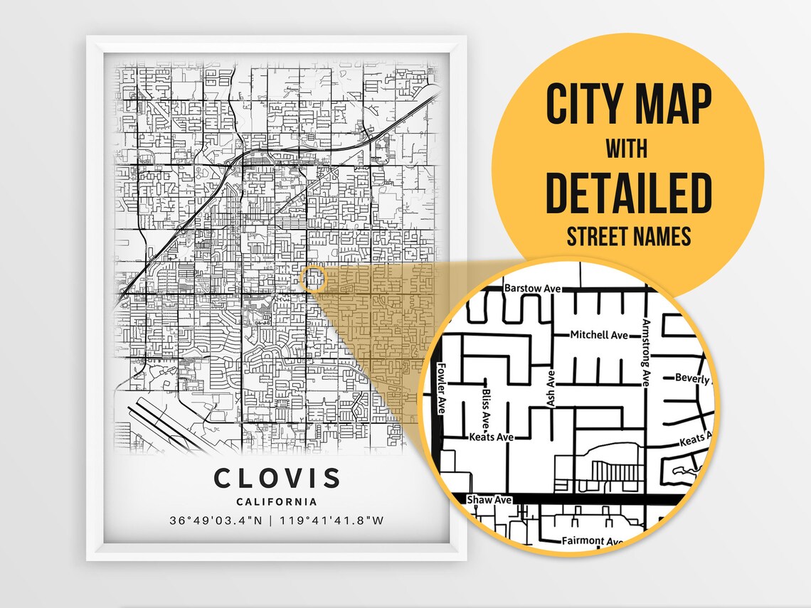 Printable Map of Clovis California CA United States With Etsy