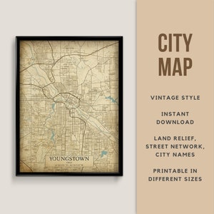 Vintage Stil Karte von Youngstown, Ohio, USA - sofortiger Download ~ Strasse Karte ~ Karte Poster ~ Karte Geschenk