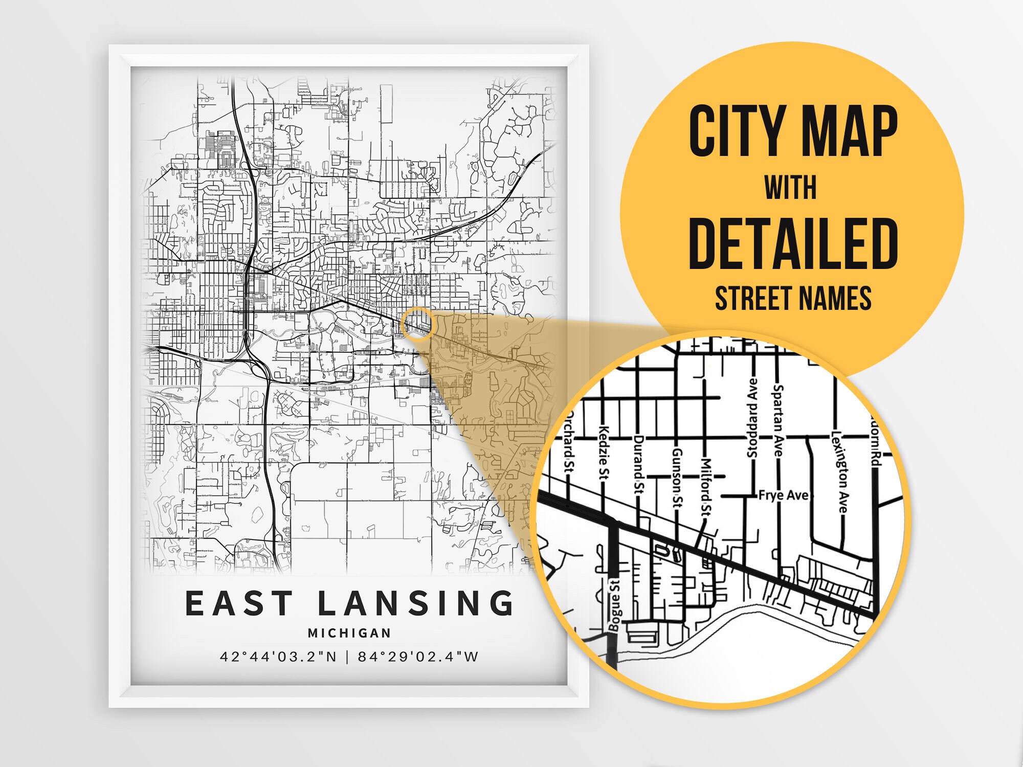 East Lansing MI Map Print with Street Names Michigan USA City | Etsy
