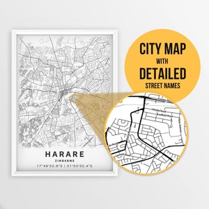 Afdrukbare kaart van Harare, Zimbabwe met straatnamen - Instant Download \ Stadsplattegrond \ Reiscadeau \ Stadsposter \ Routekaart afdrukken \ Kaart