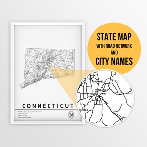 Carte imprimable du Connecticut, États-Unis avec noms de villes et routes - Téléchargement instantané \ Carte d’État \ Impression de carte \ Planificateur de voyage \ Carte Pushpin