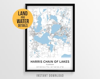 Harris Chain of Lakes Map Poster, Printable Florida Lake House Decor (Instant Download)