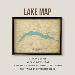 Afdrukbare vintage stijl kaart van Lake Merwin, Washington, Verenigde Staten - Instant Download \ Lake Map \ Wall Art \ Map Poster \ Lake Decor