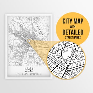 Druckbare Karte von Iași, Rumänien mit Straßennamen - Sofort Download \ City Map \ Travel Gift \ City Poster \ Road Map Print \ Wall Art