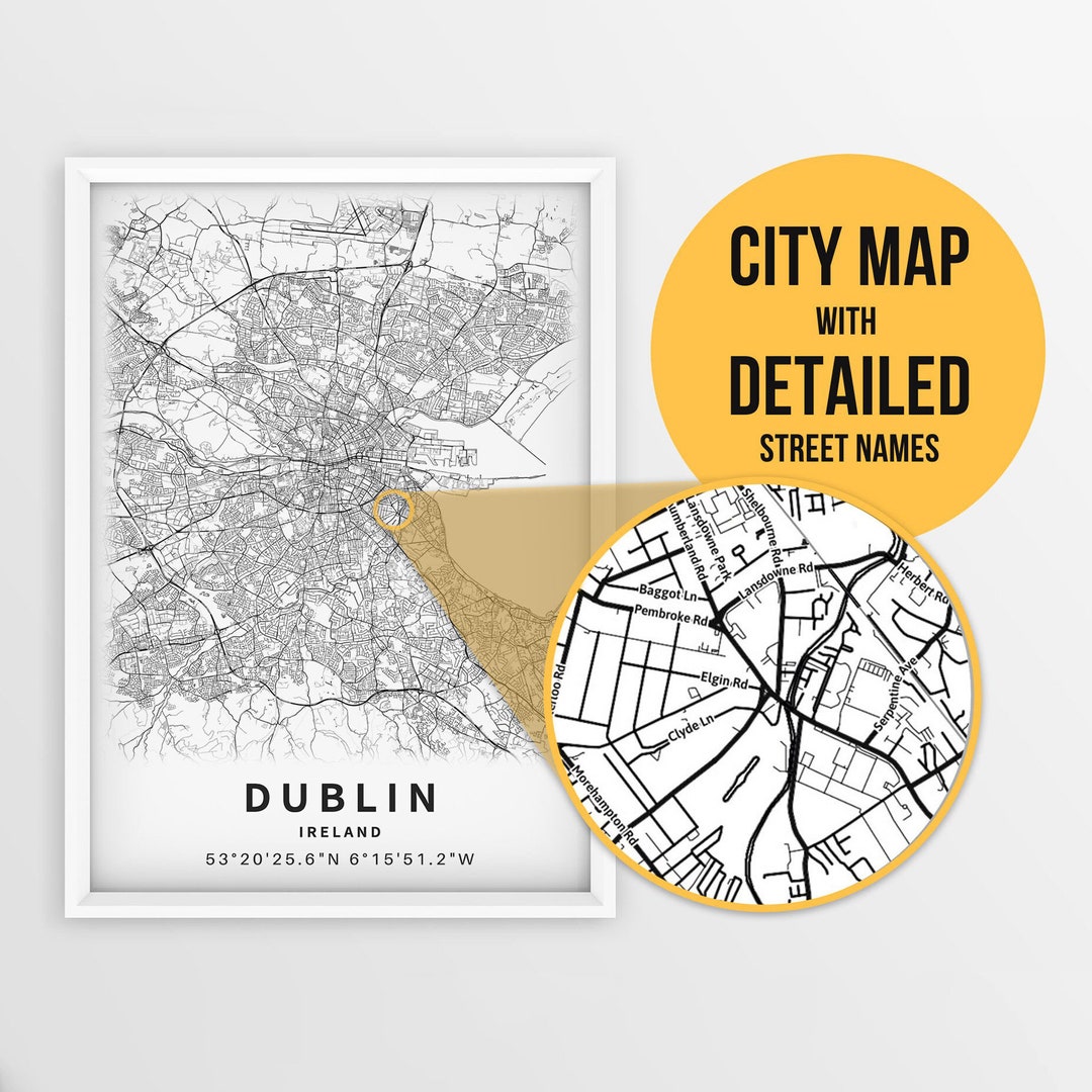 Printable Map of Dublin, Ireland With Street Names Instant Download