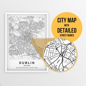 Mapa para impressão de Dublin, Irlanda com nomes de ruas - download instantâneo \ Mapa da cidade \ Presente de viagem \ Cartaz da cidade \ Impressão de mapa de estradas \ Arte de parede