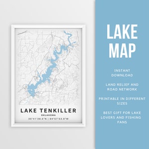 Mapa imprimible del lago Tenkiller, Oklahoma, EE. UU. - Descarga instantánea \ Mapa del lago \ Cartel del mapa \ Decoración de la casa del lago \ LakeLife \ Pesca \ Paseos en bote