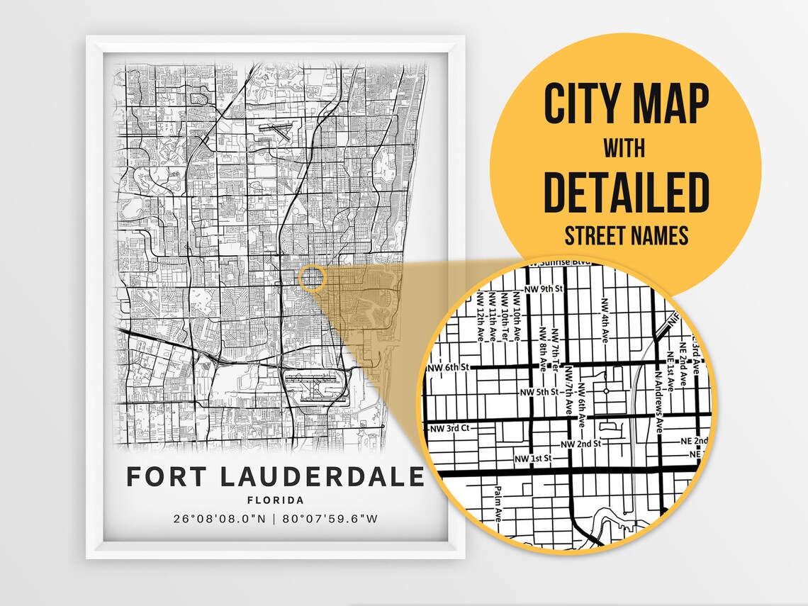 Printable Map of Fort Lauderdale Florida USA With Street Etsy