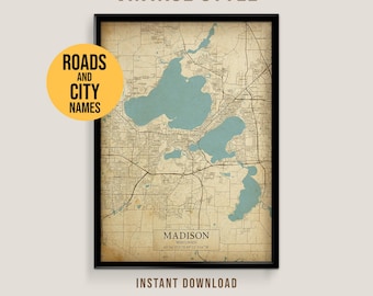 Madison, Wisconsin Vintage Style Map, Printable Madison City Poster (Instant Download)