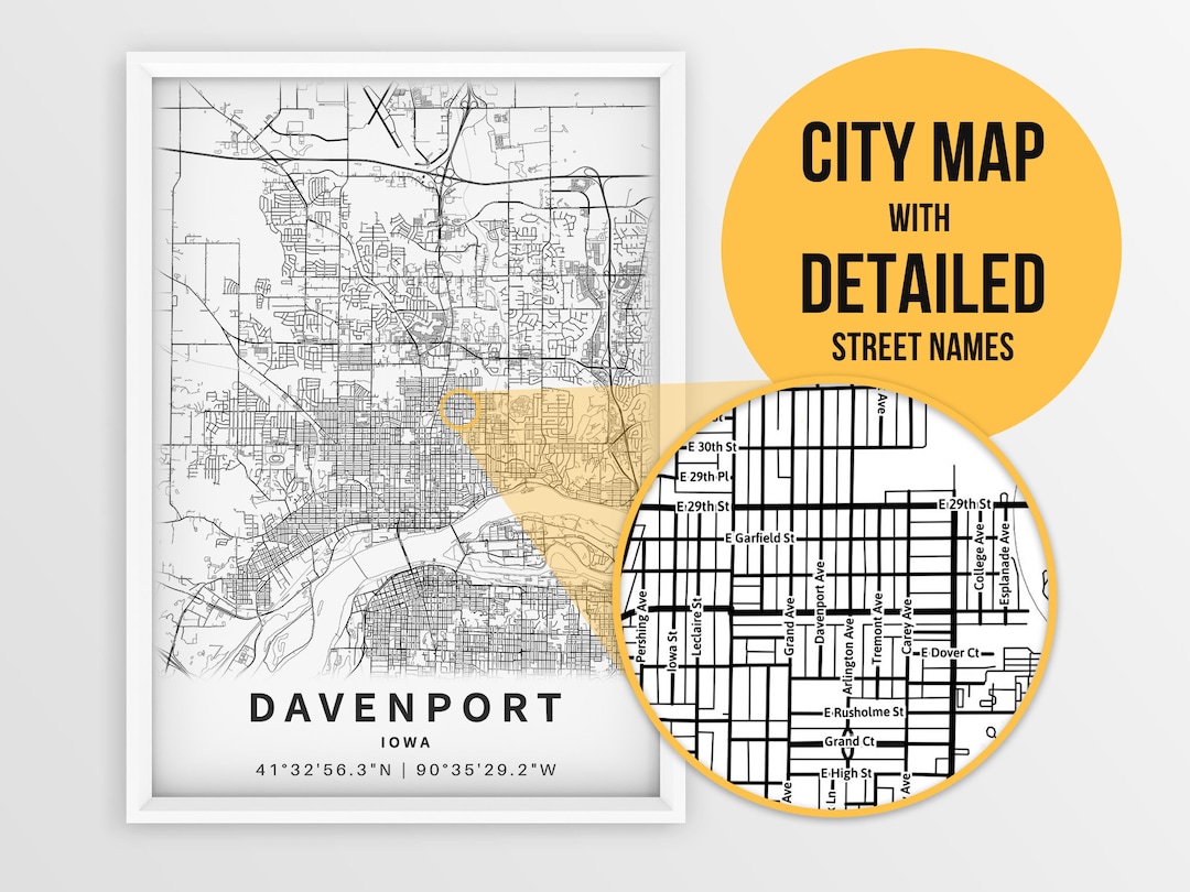 Printable Map of Davenport Iowa With Street Names City Etsy