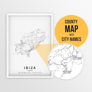 Mapa imprimible de Ibiza, España, con nombres de ciudades y carreteras: descarga instantánea, mapa de países, impresión de mapas, mapa con chinchetas, planificador de viajes, decoración de pared.