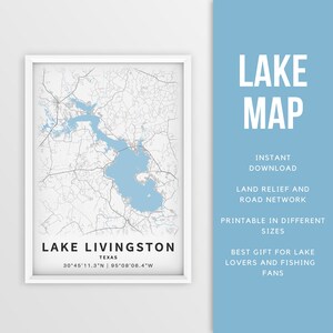 Mapa imprimible del lago Livingston, Texas, EE. UU. - Descarga instantánea \ Mapa del lago \ Cartel del mapa \ Decoración de la casa del lago \ LakeLife \ Pesca \ Paseos en bote