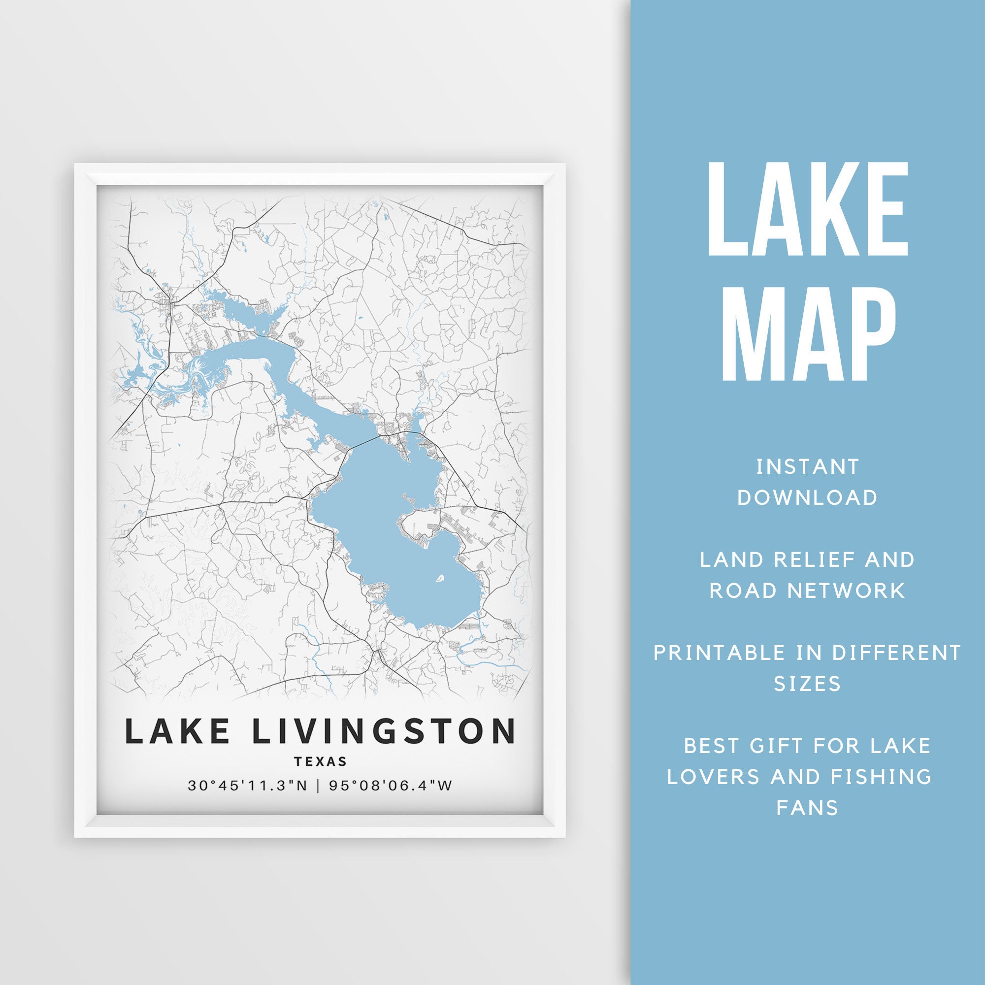 Printable Map of Lake Livingston, Texas, US Instant Download Lake