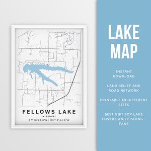 Mapa imprimible de Fellows Lake, Missouri, EE. UU. - Descarga instantánea \ Mapa del lago \ Cartel del mapa \ Decoración de la casa del lago \ LakeLife \ Pesca \ Paseos en bote