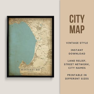 Vintage Stil Landkarte von Monterey Bay, Kalifornien, USA - Vintage Style Map - Vintage Stil Landkarte ~ Vintage Karte ~ Wand Kunst ~ Poster ~ Vintage Karte ~ Karte Karte