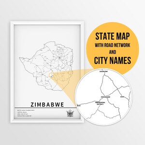 Mapa imprimível do Zimbábue com nomes de cidades e estradas - Download instantâneo \ Mapa do país \ Arte do mapa \ Mapa PushPin \ Planejador de viagens \ Presente do Zimbábue