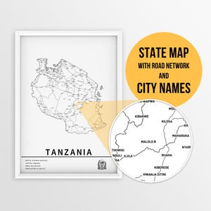 Carte imprimable de la Tanzanie avec les noms des villes et des routes - téléchargement immédiat \ carte du pays \ impression de carte \ carte à épingles \ planificateur de voyage \ art mural