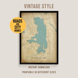 Flathead Lake Vintage Style Map, Printable Montana Lake Poster (Instant Download)