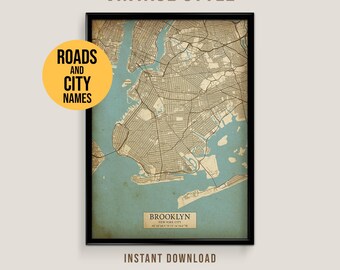 Mapa Brooklynu i Nowego Jorku w stylu vintage, plakat z Nowym Jorkiem do druku (do pobrania natychmiast)