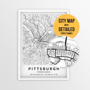 Pittsburgh Pennsylvania Map with Street Names, Printable Pittsburgh City Poster (Instant Download)
