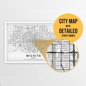 Druckbare Karte von Wichita, Kansas, USA mit Strassennamen - Sofort Download \ Stadt Karte ~ Reise Geschenk ~ Poster ~ Strassen Karte Drucken
