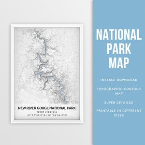 Carte imprimable du parc national de la New River Gorge, affiche de la topographie de la New River Gorge - téléchargement immédiat \ carte des contours \ randonneur cadeau \ carte des sentiers