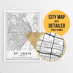 Druckbare Karte von St. Louis, Missouri, USA mit Straßennamen - sofortiger Download \ Stadt Karte ~ Reise Geschenk ~ Stadt Poster ~ Strassen Karte Print