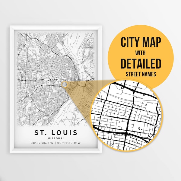 Printable Map of St. Louis, Missouri, USA with Street Names - Instant Download \ City Map \ Travel Gift \ City Poster \ Road Map Print