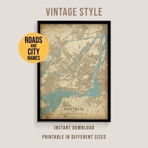 Montreal, Quebec, Canada Vintage Style Map, Printable Montreal City Poster (Instant Download)