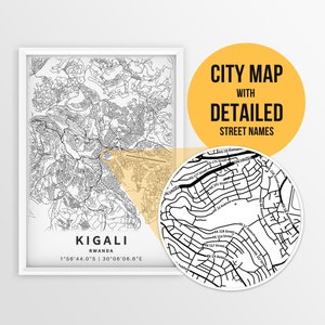 Carte imprimable de Kigali, Rwanda avec les noms de rue - téléchargement immédiat \ plan de la ville \ cadeau de voyage \ affiche de la ville \ impression de carte routière \ cadeau Rwanda