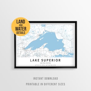 Mapa do Lago Superior em pôster, para imprimir, com tema dos Grandes Lagos de Michigan e Ontário (Download instantâneo)