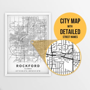 Mappa stampabile di Rockford, Illinois, Stati Uniti con i nomi delle strade - Download istantaneo \ Mappa della città \ Regalo di viaggio \ Poster della città \ Stampa cartina stradale